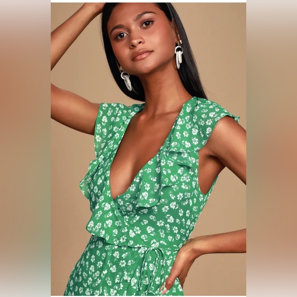 Lulus Green Floral Ruffled Wrap Midi Dress - Picture 2 of 5